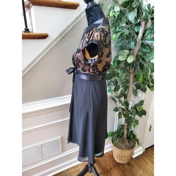 Black Floral Women's Polyester Collared Short Sleeve Knee Length Partywear Dress - Picture 8 of 10